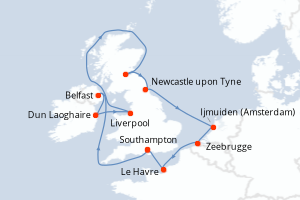 Carte itinéraire croisière Irlande, Royaume-Uni, Pays-Bas, Belgique, France - 11 jours au départ de Southampton - Europe du Nord