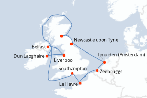 Carte itinéraire croisière Irlande, Royaume-Uni, Pays-Bas, Belgique, France - 11 jours au départ de Southampton - Europe du Nord