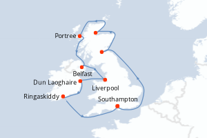 Carte itinéraire croisière Irlande, Royaume-Uni - 10 jours au départ de Southampton - Europe du Nord