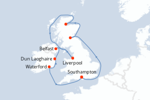 Carte itinéraire croisière Irlande, Royaume-Uni - 10 jours au départ de Southampton - Europe du Nord