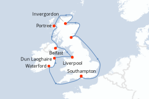 Carte itinéraire croisière Irlande, Royaume-Uni - 10 jours au départ de Southampton - Europe du Nord