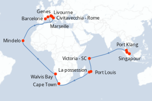 Carte itinéraire croisière Singapour, Malaisie, Seychelles, Maurice, Afrique du Sud, Namibie, Cap-Vert, Italie, France, Espagne - 42 jours au départ de Singapour - Méditerranée