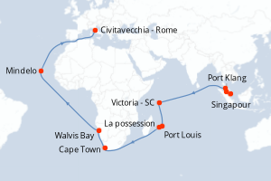 Carte itinéraire croisière Singapour, Malaisie, Seychelles, Maurice, France, Afrique du Sud, Namibie, Cap-Vert, Italie - 38 jours au départ de Singapour - Méditerranée