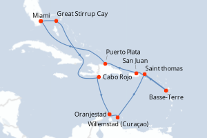 Carte itinéraire croisière États-Unis, Bahamas, République Dominicaine, Aruba, France, Porto Rico - 11 jours au départ de Miami - Caraïbes Bahamas