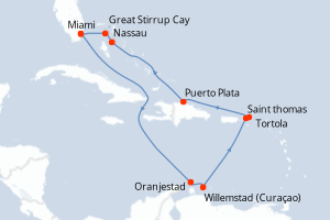 Carte itinéraire croisière États-Unis, Aruba, Royaume-Uni, République Dominicaine, Bahamas - 12 jours au départ de Miami - Caraïbes Bahamas