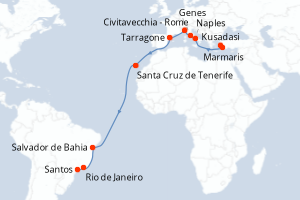 Carte itinéraire croisière Turquie, Italie, Espagne, Brésil - 21 jours au départ de Kusadasi - Transatlantique