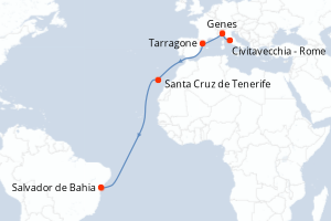 Carte itinéraire croisière Italie, Espagne, Brésil - 13 jours au départ de Civitavecchia - Rome - Transatlantique