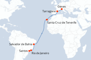 Carte itinéraire croisière Italie, Espagne, Brésil - 16 jours au départ de Genes - Transatlantique