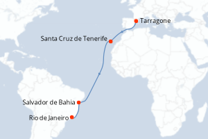 Carte itinéraire croisière Espagne, Brésil - 13 jours au départ de Tarragone - Transatlantique