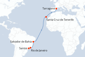 Carte itinéraire croisière Espagne, Brésil - 14 jours au départ de Tarragone - Transatlantique