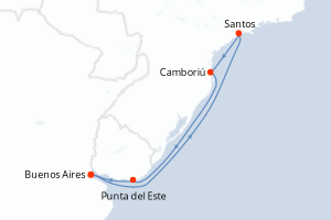 Carte itinéraire croisière Argentine, Brésil, Uruguay - 7 jours au départ de Buenos Aires - Amérique du Sud