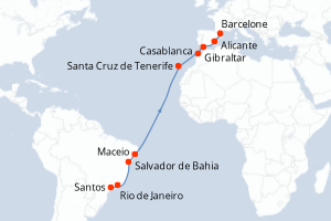 Carte itinéraire croisière Brésil, Maroc, Royaume-Uni, Espagne - 16 jours au départ de Santos - Transatlantique