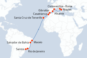 Carte itinéraire croisière Brésil, Maroc, Royaume-Uni, Espagne, Italie - 19 jours au départ de Santos - Transatlantique