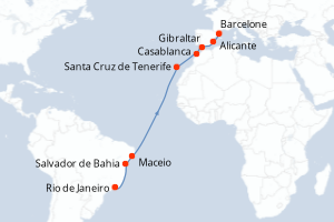 Carte itinéraire croisière Brésil, Maroc, Royaume-Uni, Espagne - 15 jours au départ de Rio de Janeiro - Transatlantique