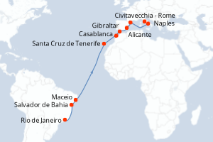 Carte itinéraire croisière Brésil, Maroc, Royaume-Uni, Espagne, Italie - 18 jours au départ de Rio de Janeiro - Transatlantique