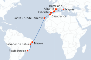 Carte itinéraire croisière Brésil, Maroc, Royaume-Uni, Espagne, Italie - 17 jours au départ de Rio de Janeiro - Transatlantique