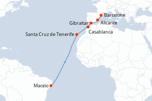 Carte itinéraire croisière Brésil, Maroc, Royaume-Uni, Espagne - 12 jours au départ de Maceio - Transatlantique