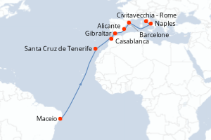 Carte itinéraire croisière Brésil, Maroc, Royaume-Uni, Espagne, Italie - 15 jours au départ de Maceio - Transatlantique