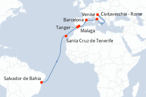 Carte itinéraire croisière Italie, Espagne, Maroc, Brésil - 17 jours au départ de Venise - Brésil