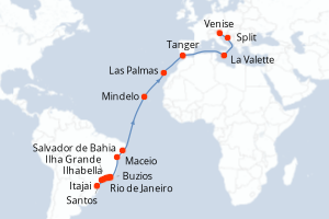 Carte itinéraire croisière Brésil, Cap-Vert, Espagne, Maroc, Malte, Croatie, Italie - 27 jours au départ de Itajai - Méditerranée