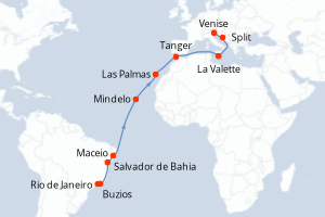 Carte itinéraire croisière Brésil, Cap-Vert, Espagne, Maroc, Malte, Croatie, Italie - 20 jours au départ de Rio de Janeiro - Méditerranée
