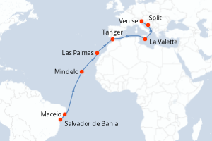 Carte itinéraire croisière Brésil, Cap-Vert, Espagne, Maroc, Malte, Croatie, Italie - 17 jours au départ de Salvador de Bahia - Méditerranée