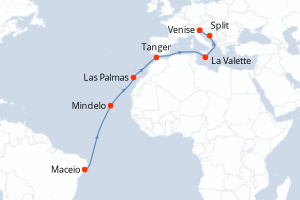 Carte itinéraire croisière Brésil, Cap-Vert, Espagne, Maroc, Malte, Croatie, Italie - 16 jours au départ de Maceio - Méditerranée