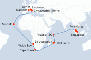 Carte itinéraire croisière Singapour, Malaisie, Seychelles, Maurice, Afrique du Sud, Namibie, Cap-Vert, Italie, France - 41 jours au départ de Singapour - Méditerranée