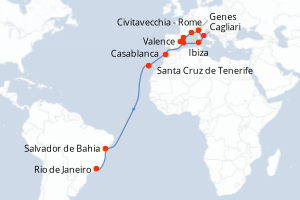 Carte itinéraire croisière Espagne, Italie, France, Maroc, Brésil - 20 jours au départ de Valence - Transatlantique