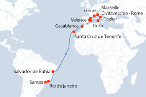 Carte itinéraire croisière Espagne, Italie, France, Maroc, Brésil - 21 jours au départ de Valence - Transatlantique