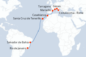 Carte itinéraire croisière Italie, France, Maroc, Espagne, Brésil - 16 jours au départ de Civitavecchia - Rome - Transatlantique