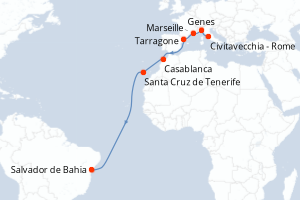 Carte itinéraire croisière Italie, France, Maroc, Espagne, Brésil - 14 jours au départ de Civitavecchia - Rome - Transatlantique