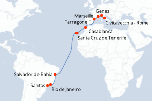 Carte itinéraire croisière Italie, France, Maroc, Espagne, Brésil - 17 jours au départ de Civitavecchia - Rome - Transatlantique