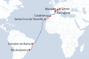 Carte itinéraire croisière Italie, France, Maroc, Espagne, Brésil - 15 jours au départ de Genes - Transatlantique