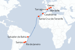 Carte itinéraire croisière Italie, France, Maroc, Espagne, Brésil - 16 jours au départ de Genes - Transatlantique