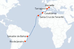 Carte itinéraire croisière France, Maroc, Espagne, Brésil - 14 jours au départ de Marseille - Transatlantique