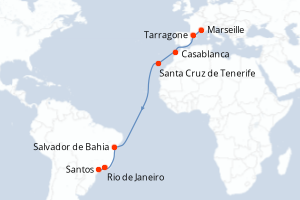 Carte itinéraire croisière France, Maroc, Espagne, Brésil - 15 jours au départ de Marseille - Transatlantique