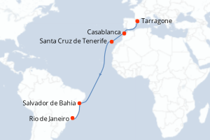 Carte itinéraire croisière Maroc, Espagne, Brésil - 13 jours au départ de Tarragone - Transatlantique
