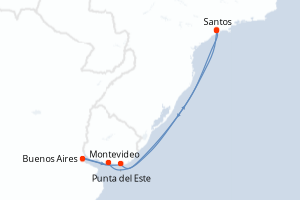 Carte itinéraire croisière Brésil, Uruguay, Argentine - 8 jours au départ de Santos - Brésil