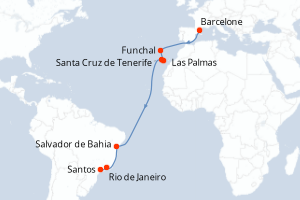 Carte itinéraire croisière Espagne, Portugal, Brésil - 16 jours au départ de Barcelone - Transatlantique