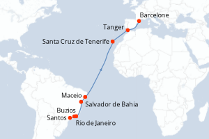 Carte itinéraire croisière Brésil, Maroc, Espagne - 17 jours au départ de Santos - Transatlantique