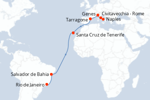 Carte itinéraire croisière Italie, Espagne, Brésil - 17 jours au départ de Naples - Transatlantique
