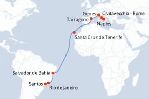 Carte itinéraire croisière Italie, Espagne, Brésil - 18 jours au départ de Naples - Transatlantique