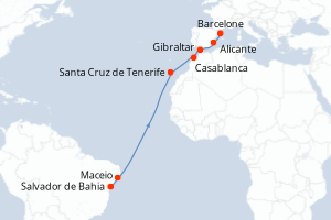 Carte itinéraire croisière Brésil, Maroc, Royaume-Uni, Espagne - 13 jours au départ de Salvador de Bahia - Transatlantique