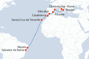 Carte itinéraire croisière Brésil, Maroc, Royaume-Uni, Espagne, Italie - 16 jours au départ de Salvador de Bahia - Transatlantique