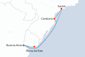 Carte itinéraire croisière Brésil, Argentine, Uruguay - 7 jours au départ de Santos - Brésil