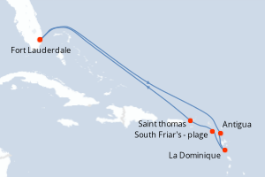 Carte itinéraire croisière États-Unis, Antigua-et-Barbuda, Pays-Bas, Dominique, Royaume-Uni - 10 jours au départ de Fort Lauderdale - Caraïbes Bahamas