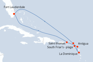 Carte itinéraire croisière États-Unis, Royaume-Uni, Dominique, Antigua-et-Barbuda, Pays-Bas - 10 jours au départ de Fort Lauderdale - Caraïbes Bahamas