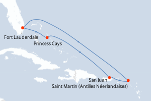Carte itinéraire croisière États-Unis, Bahamas, Porto Rico, Pays-Bas - 7 jours au départ de Fort Lauderdale - Caraïbes Bahamas