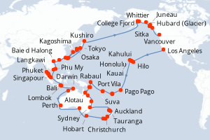 Carte itinéraire croisière Fidji (Îles), Vanuatu, Papouasie-Nouvelle-Guinée, Nouvelle-Zélande, Australie, Indonésie, Singapour, Thaïlande, Malaisie, Vietnam, Chine, Taïwan, Japon, États-Unis, Canada - 110 jours au départ de Los Angeles - Tour du Monde